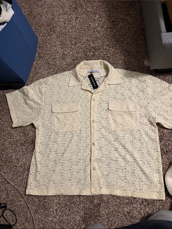 No Maintenance Other - No Maintenance Men's Short-Sleeve Lace Button-Down Shirt in Cream